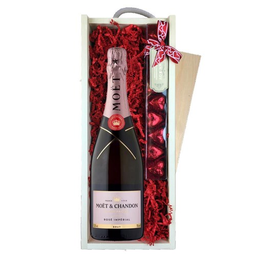 Moet & Chandon Rose Champagne 75cl & Chocolate Praline Hearts, Wooden Box